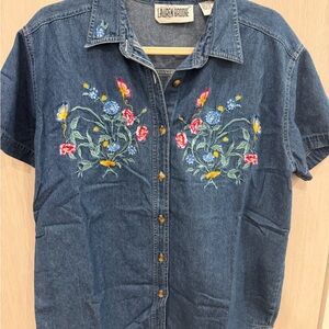 Lauren Brooke Blue Floral Embroidered Button Down Shirt